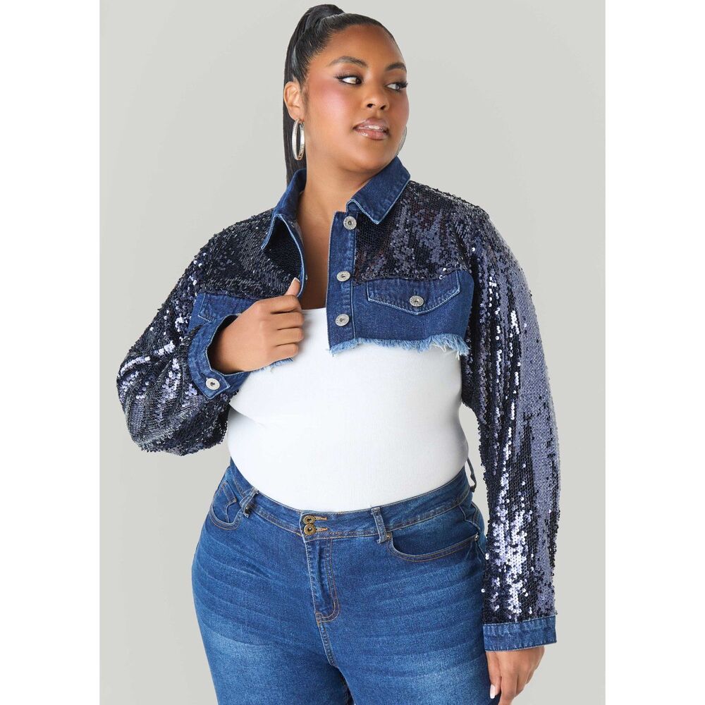 ASHLEY STEWART Sequined Cropped Denim Jacket, NEW!!